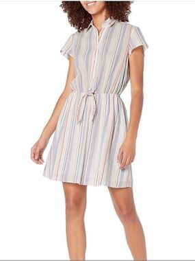 J. Crew 100% Cotton Pastel Striped Button-Front Tie-Waist Dress - Lined
